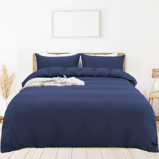 PiccoCasa 3 Pieces Microfiber Soft Breathable Duvet Cover Set Navy Blue King