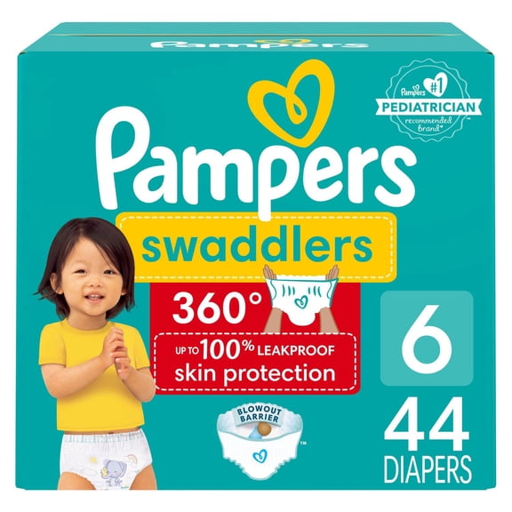 Pampers Couches - Swaddlers 360° - Taille 6, jusqu'à 100 % Anti-Fuites Ajustement Sec et Confortable, Attaches EZ Off Conçues pour des Changements Faciles, Couche-Culotte à Enfiler