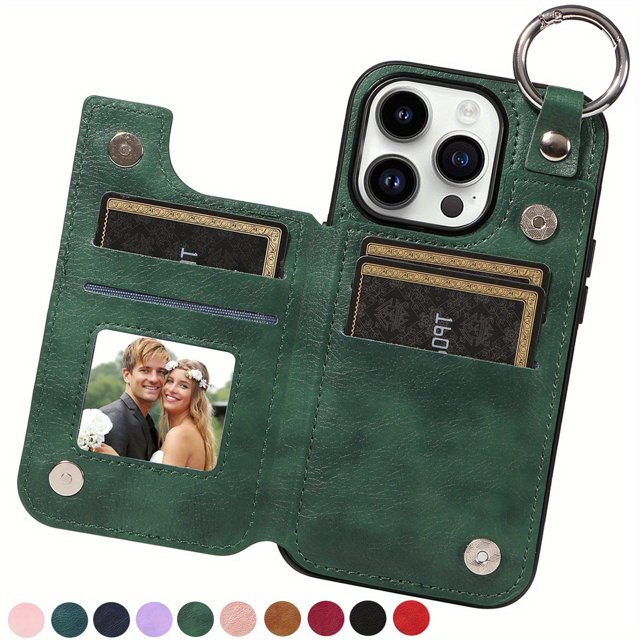 Premium iPhone 15/14/13/12/11 Pro Max Wallet Case - Ring Buckle Design, Multi-Card Slots, Faux Leather, Double Magnetic Closure, Shockproof Kickstand Cover with Anti-Slip Grip