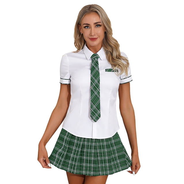 iiniim Tenue de Cheerleading pour Écolière pour Femmes Uniforme de Sport Chemise à Manches Courtes avec Jupe à Carreaux Ensemble avec Cravate Vert 4TG