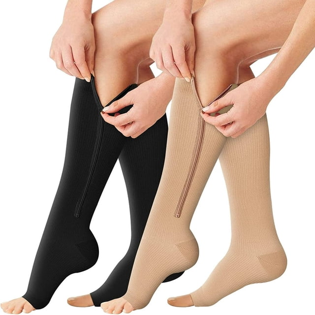 DEBGFS Zipper Compression Socks - 2 Pairs 15-20mmHg Open Toe Toeless Compression Socks for Women and Men,S-M