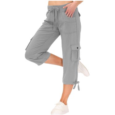 QATAINLAV Womens Capris with Pockets Loose Fit Casual Multi-Pockets Cargo Capri Pants Drawstring Elastic Waist Cropped Trousers for Hiking Gray XXL Summer Savings