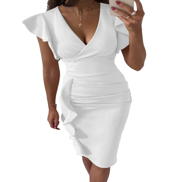 MesaSe Femmes d'Été Près du Cou Manches Robe V Swing Robe avec Poches Couleur Unie une Seule Pièce