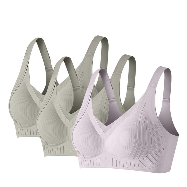 Amzcrzy 3PC Womens Bras Comfortable Supportive Lift Push up Bra Trendy Solid Color Ribbed Seamless T Shirt Bra 2XL