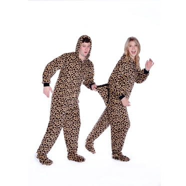 Leopard Print Sleeper Hoodie Plush Footed Pajamas w/ Drop Seat Adult Sleeper