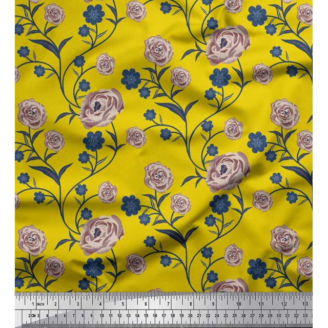 Soimoi Tissu en Voile de Coton Feuilles & Roses Imprimé Floral 1 Yard 42 Pouces de Large