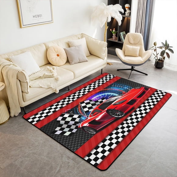 Erosebridal Boys Race Car Living Room Rugs 3x5,Red Racing Car Rug for Kids Teens,Sports Car Area Rug,Cool Extreme Sports Automobile Carpet,Black White Grid Decorative Accent Rug Buffalo Plaid Decor