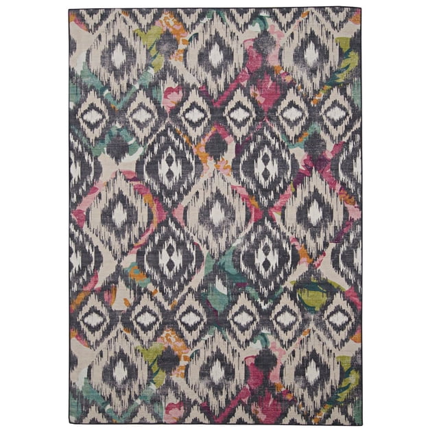 Tapis d'Extérieur Lavable Grayton Ivoire et Charbon 5 Pieds x 7 Pieds à Poils Plats avec Endos Antidérapant, Présentant un Motif Géométrique Losange Charbon et Ivoire avec des accents Floraux Multicolores en Rose, Vert et orange. Résistant aux UV et à Séchage Rapide, Idéal pour les Espaces Intérieurs et Extérieurs à Fort Passage, et Lavable à la machine pour un Entretien Facile.