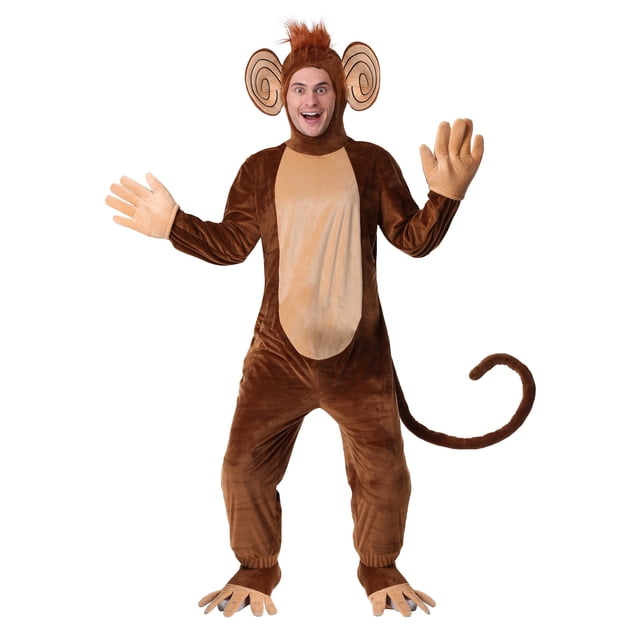 Adult Funky Monkey Costume, a brown minky velour jumpsuit with tan belly, attached hood featuring faux fur tuft and sculpted ears, flexible tail, gloves, and foot covers. Perfect for Halloween or monkey-themed events.