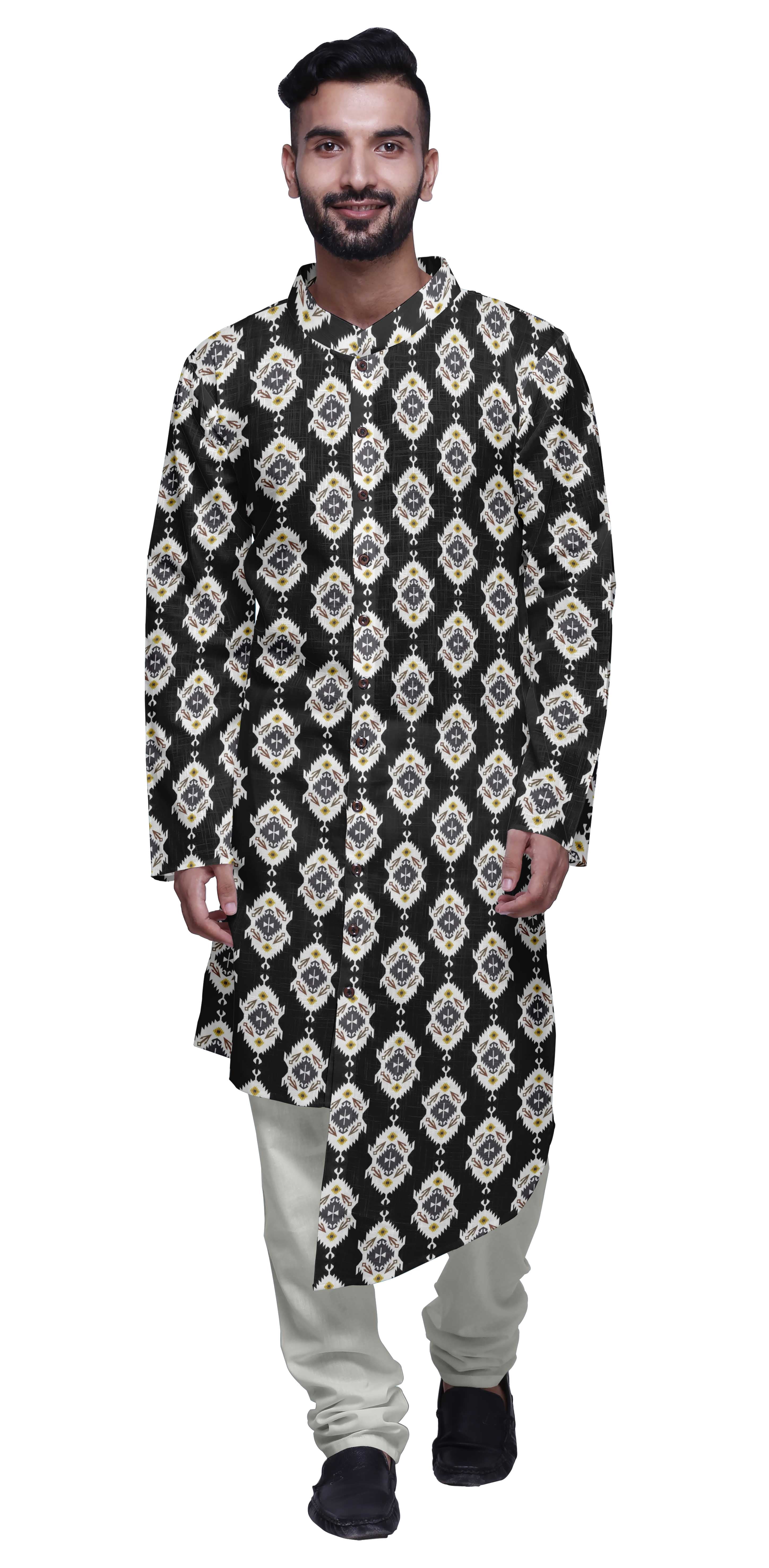 Atasi Kurta Pyjama Imprimé pour Hommes Style Asymétrique Vêtements d'Été Décontractés