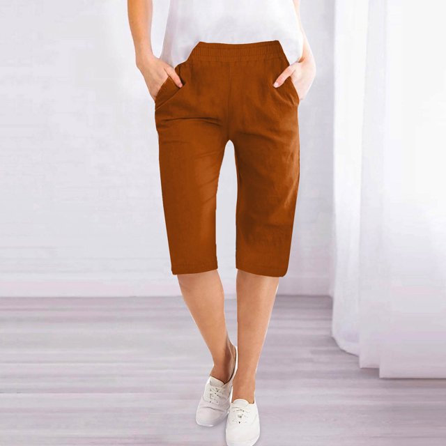 Bermudas en Lin pour Femmes à Enfiler, Shorts en Lin pour Femmes Longueur Genou Bermudas, Bermudas en Lin Légers et Décontractés pour Femmes Taille Élastique Short d'Été en Coton avec Poches