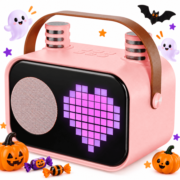 JYX Mini Machine de Karaoké, Système de Karaoké pour la Maison avec 15 Modes d'Affichage Animés, Mini Haut-Parleur Portable avec 2 Microphones, Pink