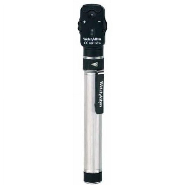 Welch Allyn Pocketscope Ophtalmoscope avec Poignée en Acier AA, un Outil de diagnostic compact Comprenant une Tête d'Ophtalmoscope Noire avec Cadrans de Réglage et une Poignée en Acier durable. Conçu pour un Usage Médical Professionnel en diagnostic et Dépistage.
