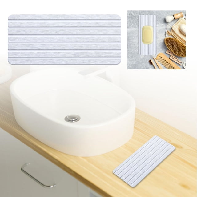 Bathroom Water Absorbing Pad for Bathroom and Kitchen - Diatomaceous Earth Tray for Drying Dishes Soap Dispenser Rug and Countertop Organization in White Ceramic Finish