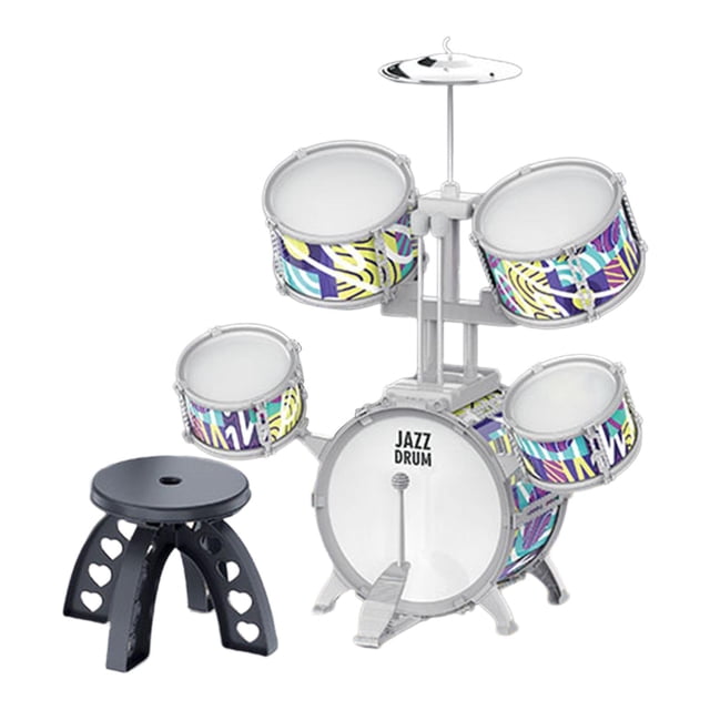 HILABEE Beginner Kids Drum Set Music Enlightenment for Child Party Stage Performance Gray Edge. This PVC drum set includes a bass drum, four smaller drums, a cymbal, two mallets, and a stool. Designed for children aged 4-14, it features a colorful pattern on the drum shells and a sturdy gray frame. Ideal for enhancing musical skills, hand-eye coordination, and focus, this set is perfect for educational play or stage performances.