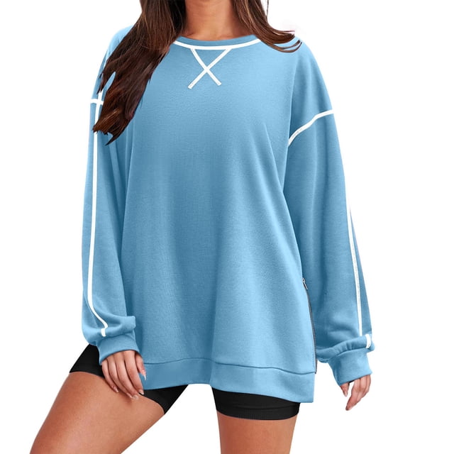 Penkiiy Chandails à Manches Longues pour Femmes, Col Rond, Fermeture Éclair Latérale, Chandail Tendance Automne 2024, S Bleu