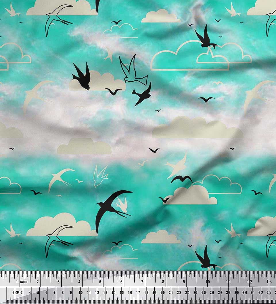 Soimoi Moss Georgette Fabric Clouds & Flying Swift Bird Print Fabric by the Yard 42 Inch Wide