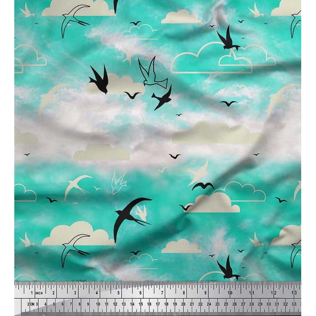 Soimoi Rayon Fabric Clouds & Flying Swift Bird Fabric Prints By Yard 56 Inch Wide