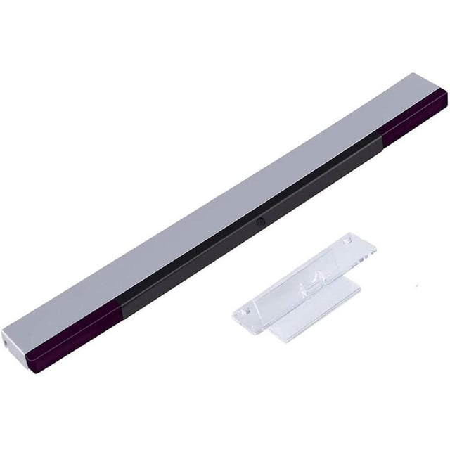Wii Wireless Sensor Bar, for Wii Sensor Bar Replacement Compatible with Nintendo Wii/Wii U Console with Stable Stand centered front-facing slim wireless sensor bar, horizontal black bar with three invisible LED indicator spots, included angled stand with adhesive strip, powered by four AAA batteries (batteries not included), works up to 10 feet from the console; often used as a compact IR motion tracker for demos or travel setups.