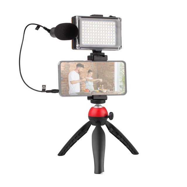 Amdohai Portable Smartphone Video Kit Phone Video Rig with LED Fill Light 5500K/3200K + Cardioid Microphone + Adjustable Phone Holder + Mini Desktop Ballhead Tripod for Phone Vlog Video Recording Li