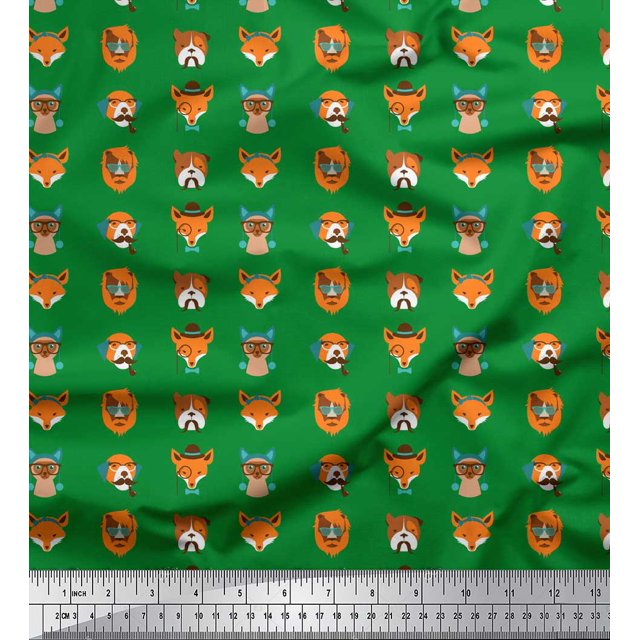 Soimoi Green polyester Crepe Fabric Dog Face Cartoon Printed Craft Fabric by the Yard 42 Inch Wide