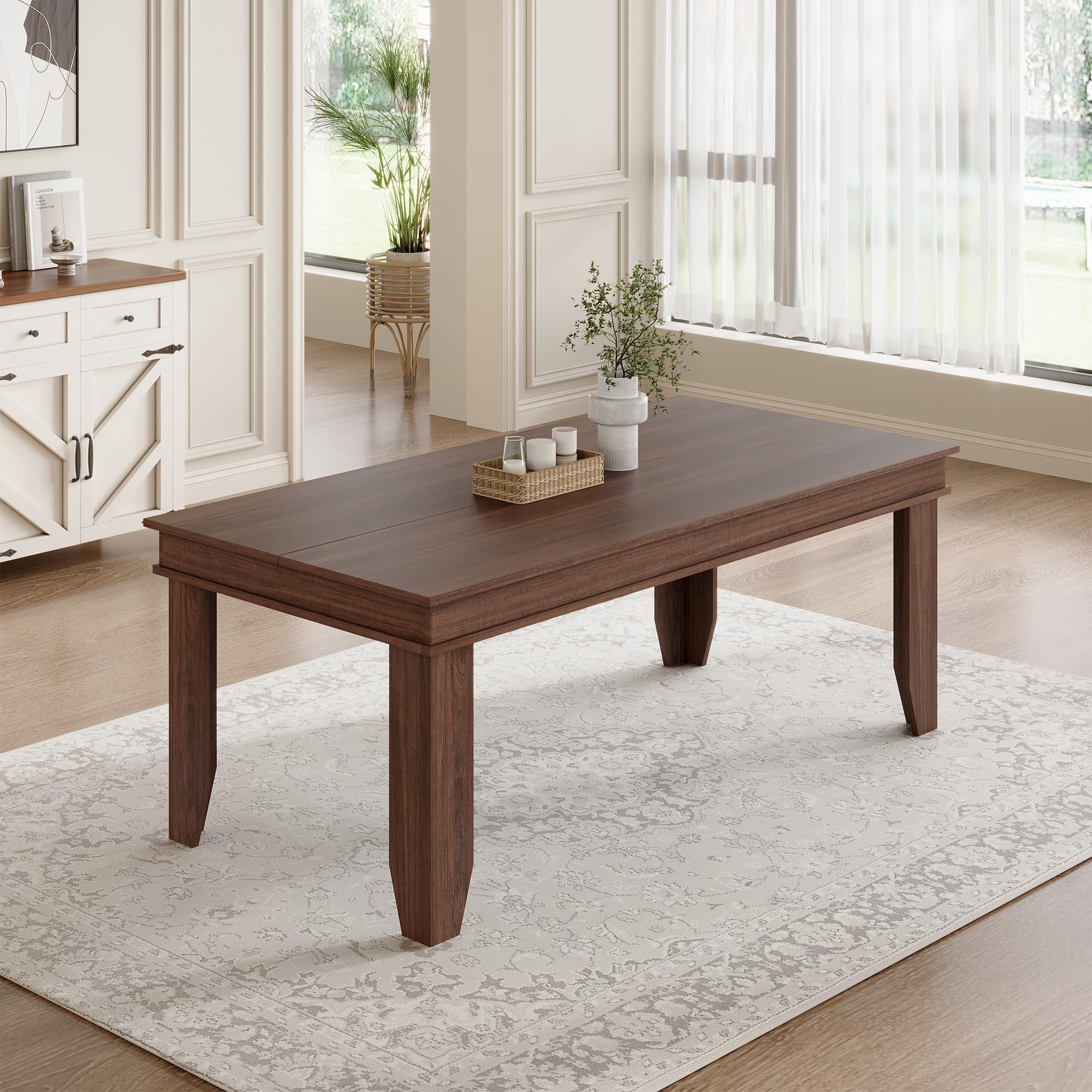 Kojooin 71" Farmhouse Dining Table for 8 People, Long Brown Wooden Kitchen Table with Sturdy Frame, Large Rectangular Dining Room Tables for 6-8