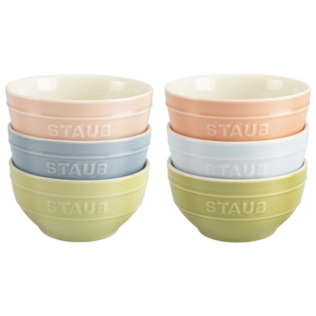 STAUB Ceramique 12 cm / 6 Piece Ceramic Bowl Set in Macaron Colours, featuring six pastel-colored bowls in shades of pink, blue, and green. Each bowl has a 12 cm diameter and 400 ml capacity, ideal for serving desserts, salads, dips, or fruit. The bowls are stackable, microwave-safe, and dishwasher-safe, with an enamel coating for durability. Perfect for adding a touch of color to dining table decor.
