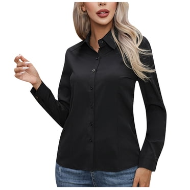 Moxiu Women's Button Down Shirts Long Sleeve Basic Business Dress Shirt Slim Classic V Neck Button Up Work Blouse Formal Tops 2025 Black,XL
