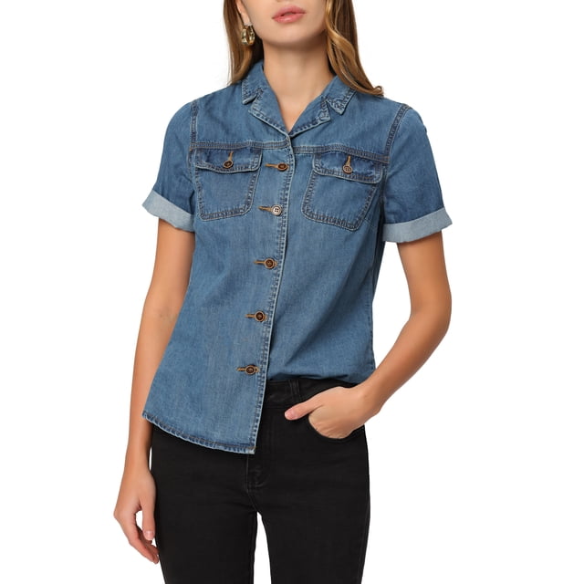INSPIRE CHIC Women's Denim Jacket Short Sleeve Collared Button Up Jean Shirt Tops Blue XS