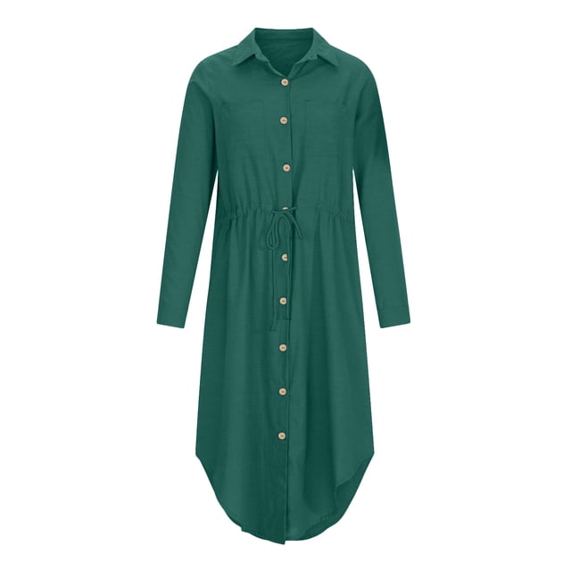 Pisexur Robes d'Été pour Femmes en Coton et Lin, Robe Chemise à Manches Courtes avec Boutons, Col en V à Cordon, Couleur Unie, Robe Formelle Décontractée avec Contrôle du Ventre, Grande Taille S-5TG