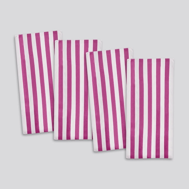 Mainstays Cabana Stripe Decorative Beach Towels, 4-pack in lilac, showing four folded 100% cotton towels with vertical lilac and white stripes, each 30 by 60 inches, soft and absorbent for beach, pool, or backyard use, machine washable and OEKO-TEX® certified.
