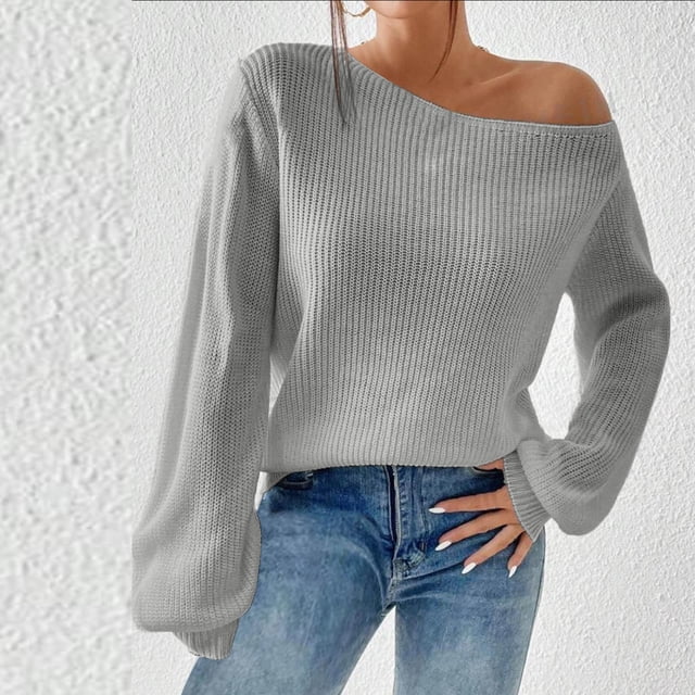Pisexur Chandails pour Femmes Chandail Doux et Confortable, Chandail Ample en Tricot à Épaules Dénudées pour Femmes pour l'Automne et l'Hiver Chandail à Col Rond pour Porter par-Dessus Gris, G
