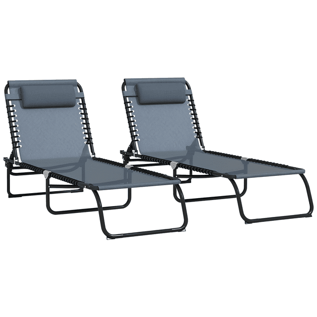 Outsunny 2 PCs Folding Lounge Chairs, Chaise Lounges with Headrest Grey