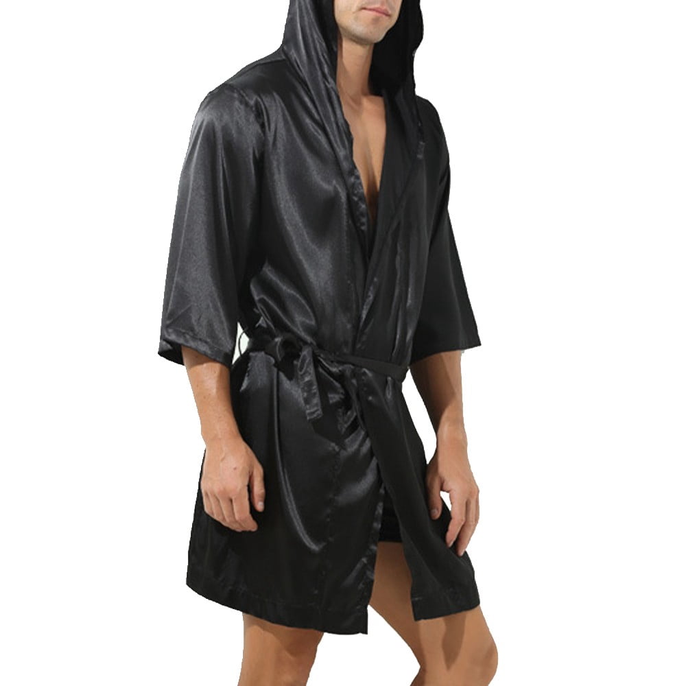 Men Hooded Loose Satin Silk Bathrobe Pajamas Sleepwear Gown Bath Robe Nightwear
