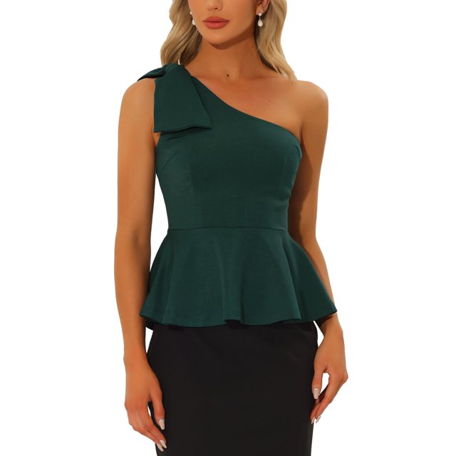 INSPIRE CHIC One Shoulder Top for Women's Bow Ruffled Peplum Top Dark Green XL