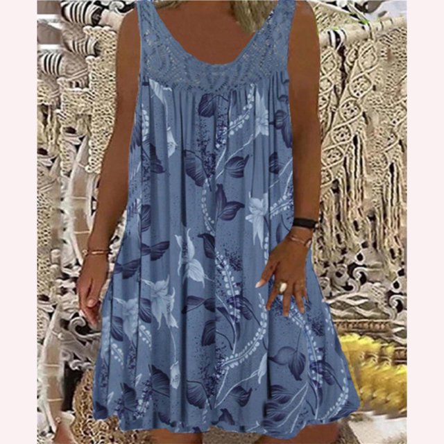 Mefallenssiah Women'S Spring/Summer Round Neck Lace Patchwork Printed Loose Sleeveless Dress