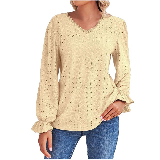 Birdeem Womens V-Neck Long Sleeved Hollowed Out Lace Patchwork Loose for Women