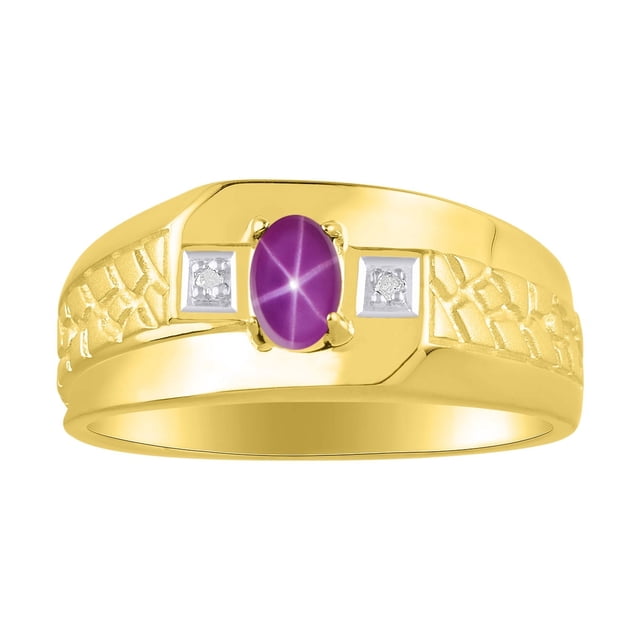 RYLOS Men's Rings 14K Yellow Gold Classic Nugget 6X4MM Oval Gemstone & Diamond Ring Star Ruby July Birthstone Rings Size 8
