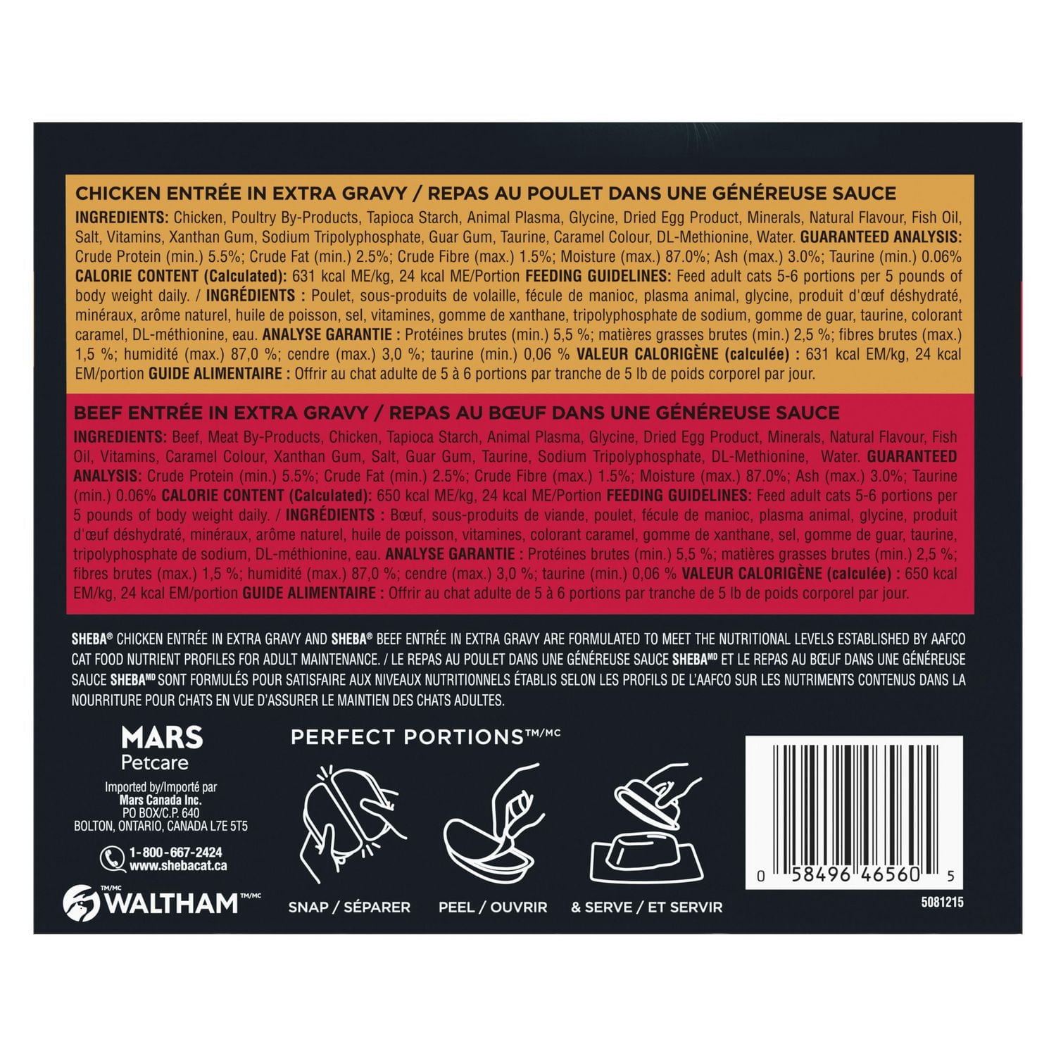 Nourriture humide pour chats adultes SHEBA GRAVY INDULGENCE PERFECT PORTIONS en format variété, repas au poulet et repas au bœuf dans une généreuse sauce