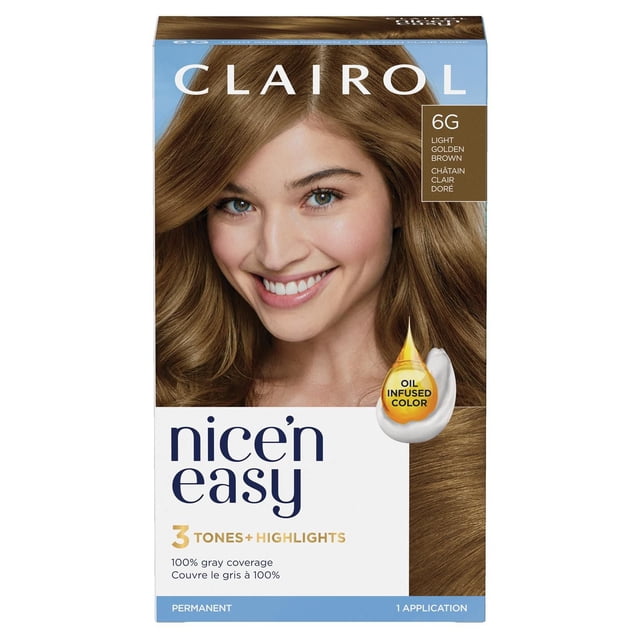 Clairol Nice'n Easy Teinture Capillaire Permanente en 6 g Brun Doré Clair Comprenant 3 Tons et Mèches pour une Couleur Permanente d'Apparence Naturelle avec une Couverture des Cheveux Gris à 100 %, Formule Infusée d'Huile et un kit d'Application pour une Utilisation Facile.