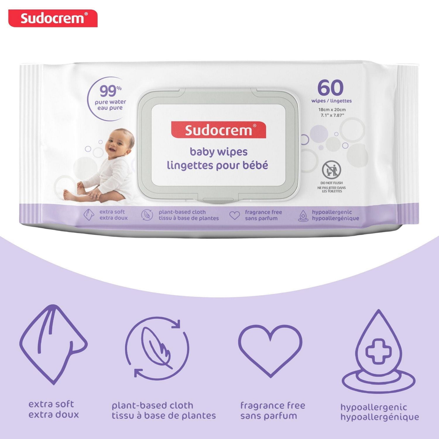 Lingettes pour bébé à l'eau pure Sudocrem® - 180 lingettes |Peaux sensibles