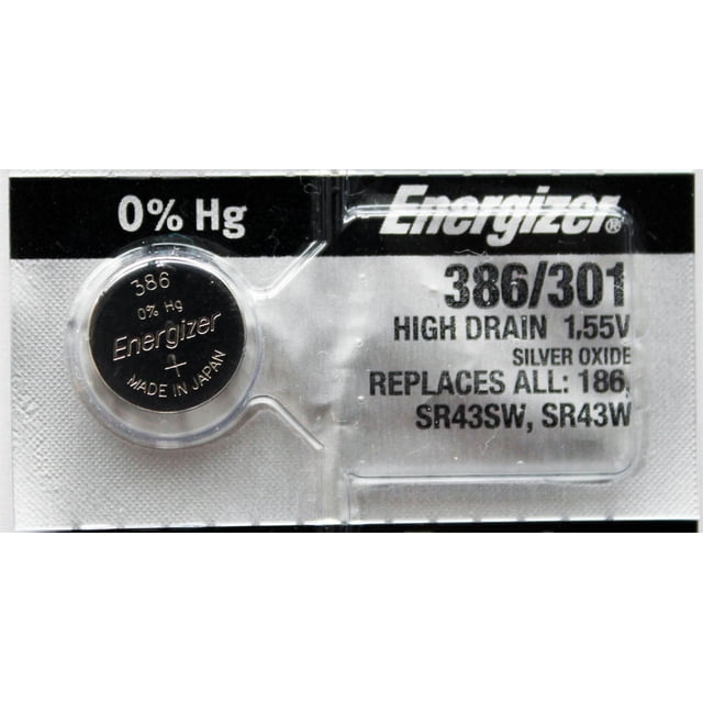 Energizer 386/301 SR43 Silver Oxide Button Battery 1.55V pack of 2, displayed in its original packaging with details such as 0% mercury, high drain, and compatibility with 186, SR43SW, and SR43W models clearly visible.