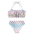 thumbnail image 3 of TiaoBug Girls 2 Pcs Mermaid Bikini Sets Shiny Halter Ruffles Crop Top with Triangle Brief Bathing Suit Tankini Pink Blue A 120, 3 of 5