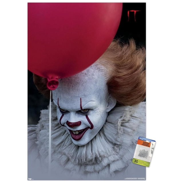 IT - Balloon Wall Poster, 14.725" x 22.375" depicting a close-up of a character with cracked white makeup and orange hair, holding a large red balloon on a white string, wearing a detailed ruffled white collar against a black background with the red 'IT' logo in the top right corner.