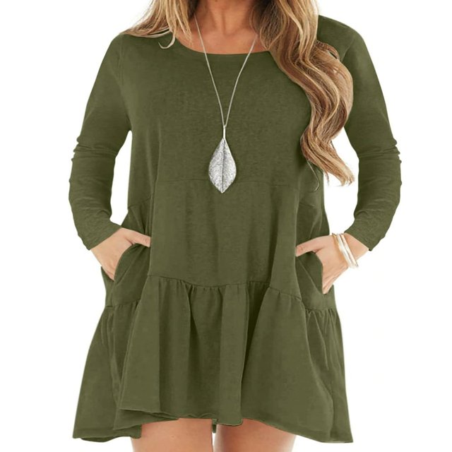 Women Casual Spring Ruffle Hem Long-Sleeved Casual One-Piece A Line Solid Swing Mini Dress