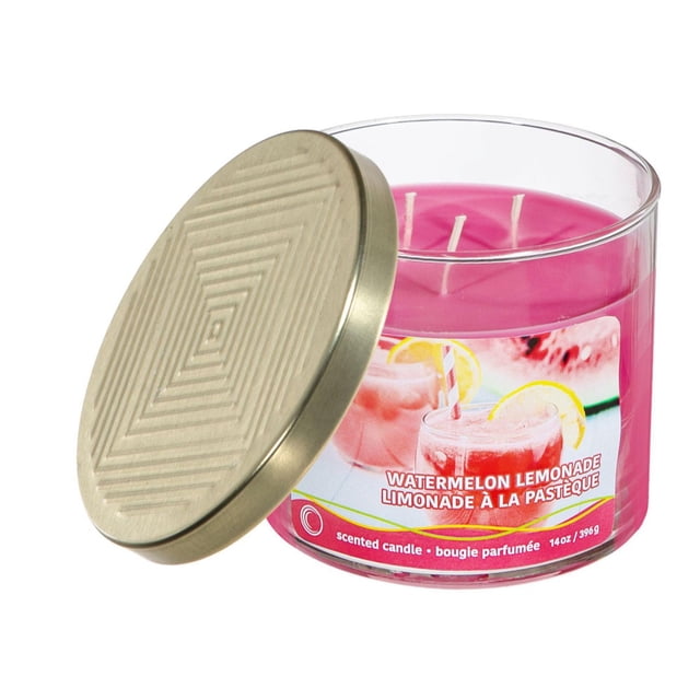 14 Oz 3 Wick Jar Candle With Embossed Lid (Watermelon Lemonade) - Set of 2 featuring a pink three-wick scented candle in a clear glass jar with a beige embossed lid and a watermelon lemonade label in English and French, ideal for fresh citrus fragrance and home décor ambiance.