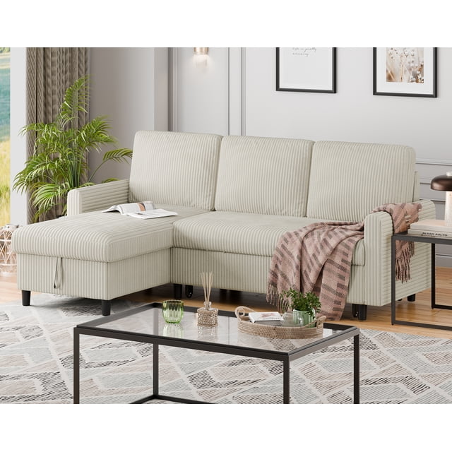 Walsunny Canapé Sectionnel-Lit Escamotable en L avec Méridienne Réversible avec Rangement pour Salons Petites Pièces Appartement, Beige