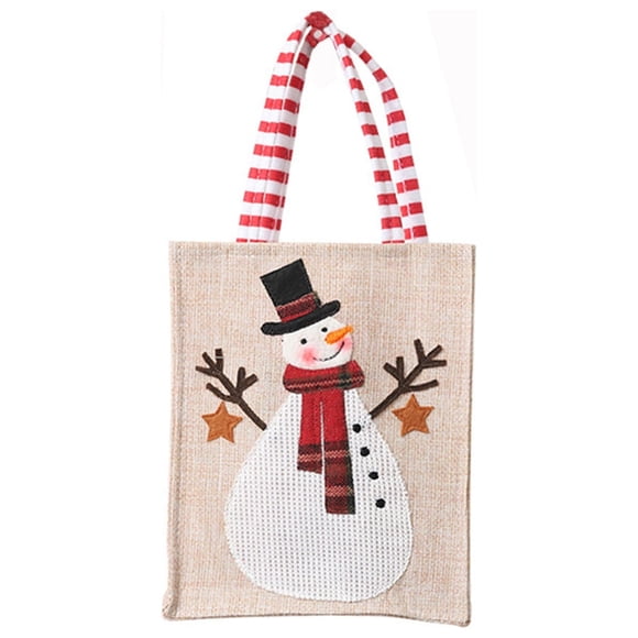 Christmas Gift Bags Linen Embroidery Santa Snowman Deer Design Red White Coffee Color 7.5 in x 5.9 in x 0.4 in Tote Bag For Small Gifts Candy Storage