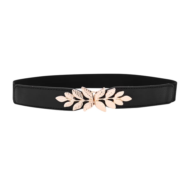 Ceinture pour Femmes en Cuir, Ceinture Étroite Créative Noire, avec design de Taille Extensible et Boucle Décorative en Forme de Feuille d'Or. Cette Ceinture Élégante Est Idéale pour la Mode Habillée, les Tenues Décontractées et Diverses occasions. Taille : Taille Unique.