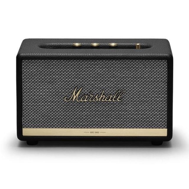 ACTON II BLUETOOTH compact speaker with black textured vinyl exterior and black mesh grille featuring the gold Marshall logo, three gold control knobs, and a toggle switch on top, supporting Bluetooth 5.0 wireless and 3.5 mm wired input, suitable for delivering powerful stereo sound in small spaces.